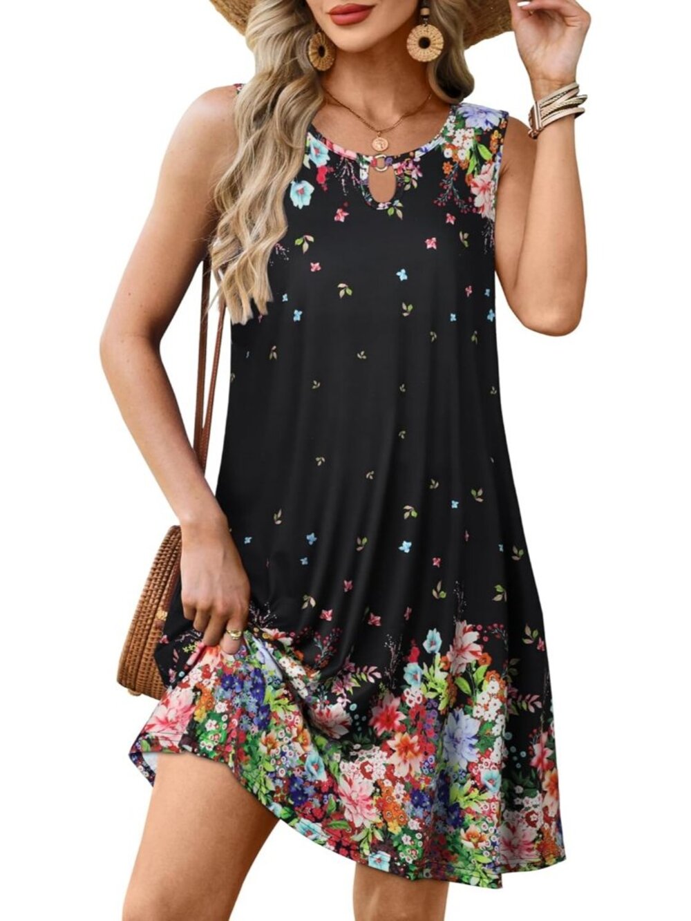 Women's Summer Sleeveless Sundress Floral Loose Fit Cover Up Black Colorful
